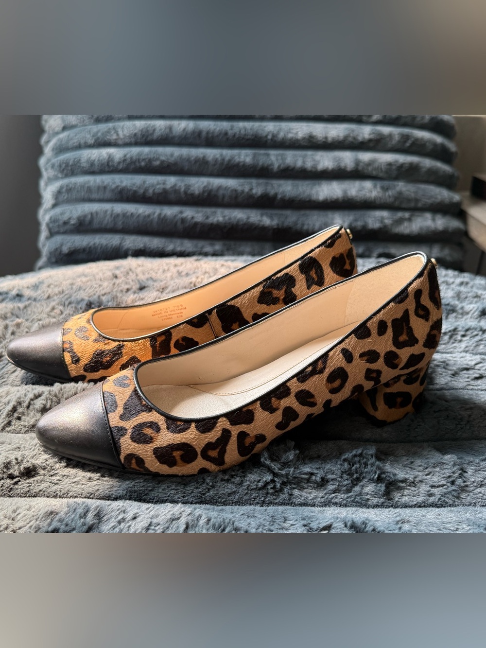 Cole Haan Leopard Print Low Block Heel Pumps with Black Cap Toe